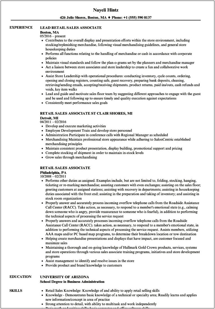 Resume Objectives For Sales Associate Position