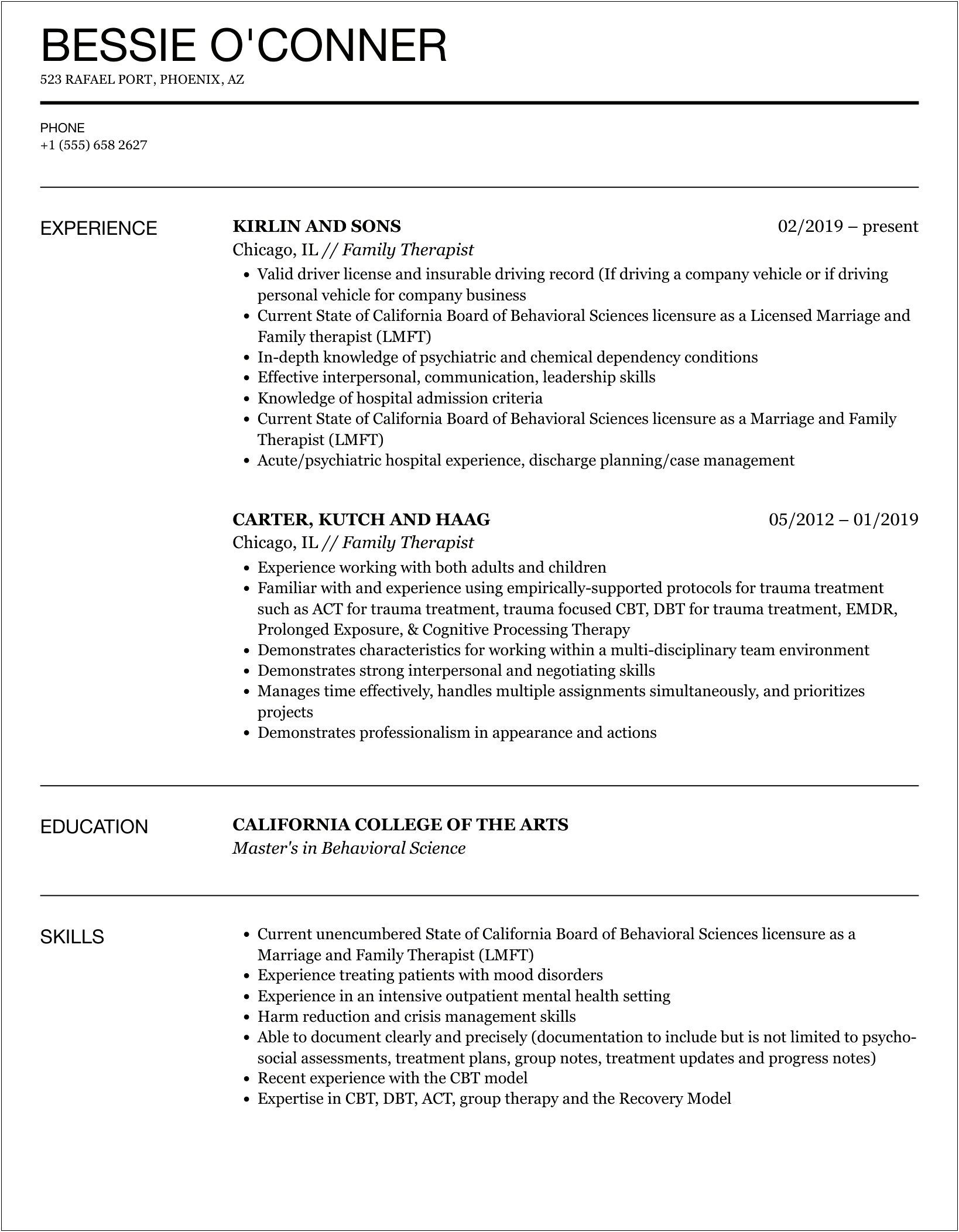 Resume Objectives For Youth And Family Therapist