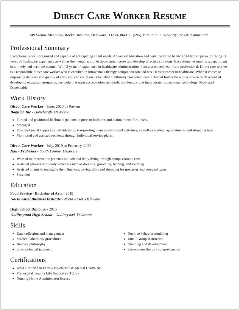 Resume Of A Direct Care Worker