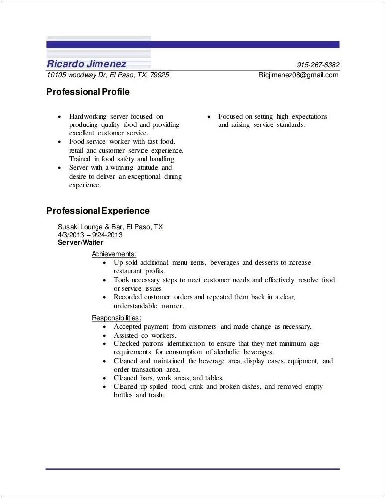 Resume Of A Fast Food Worker