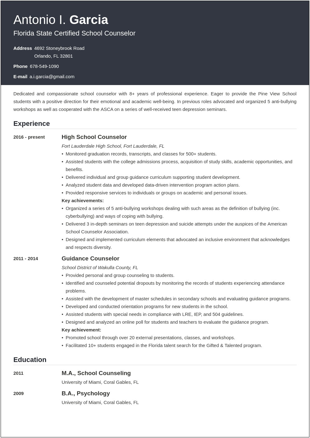 Resume Of A High School Counselor
