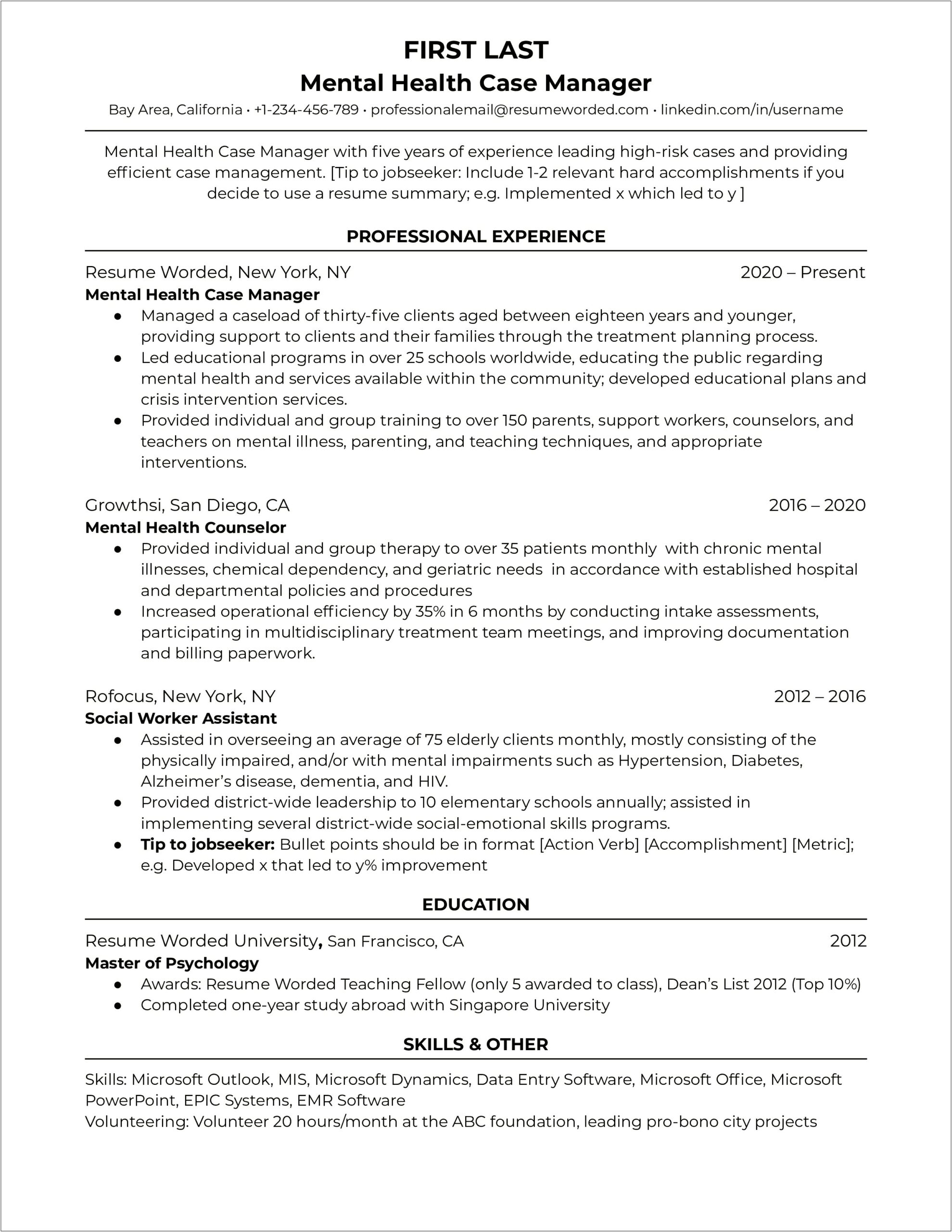 Resume Of A Hospital Case Manager