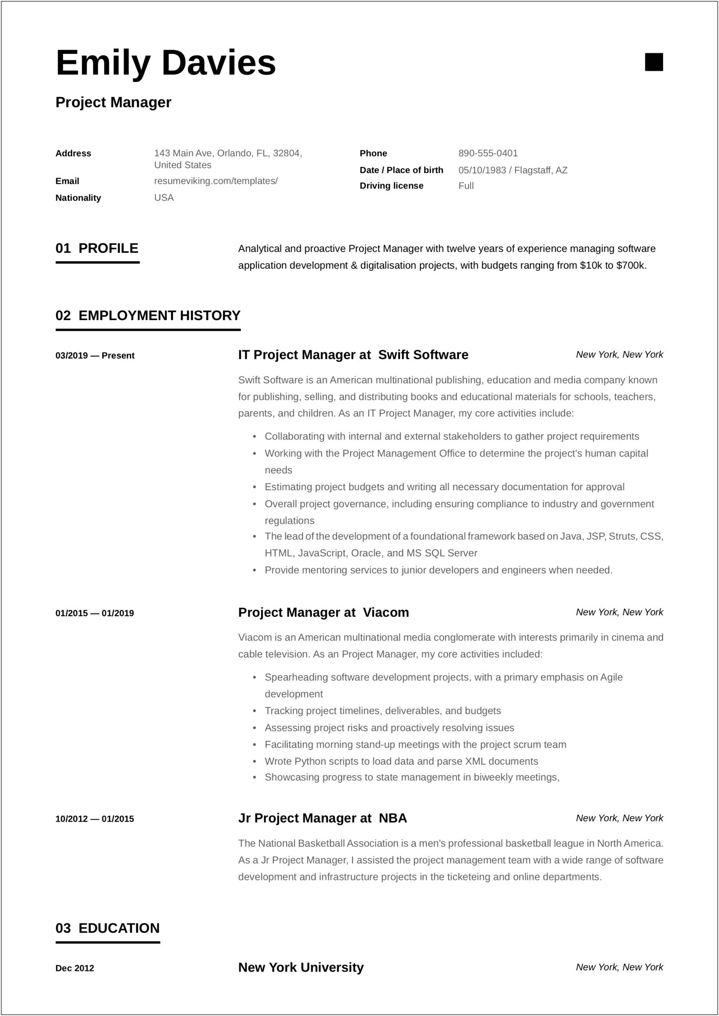 Resume Of A Project Manager In India