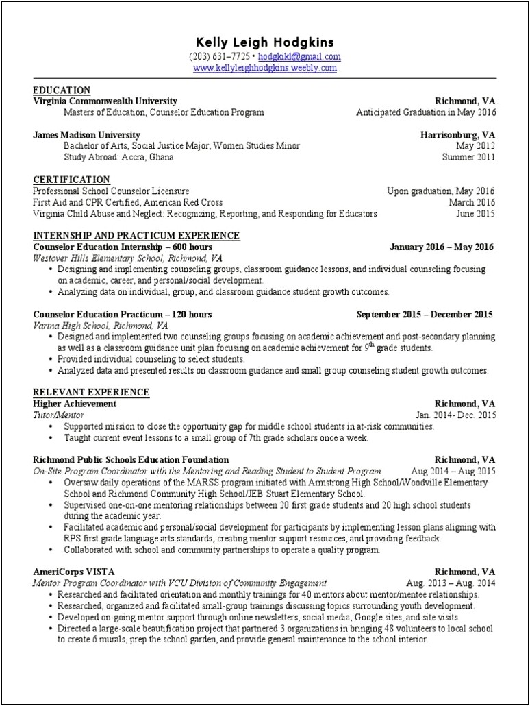 Resume Of A School Guidance Counselor