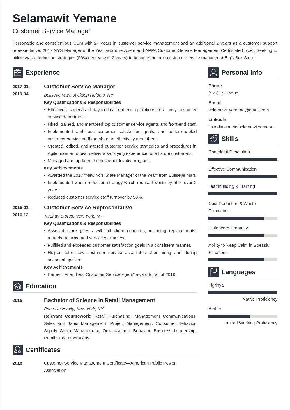 Resume Of Customer Service Manager For Usa Jobs