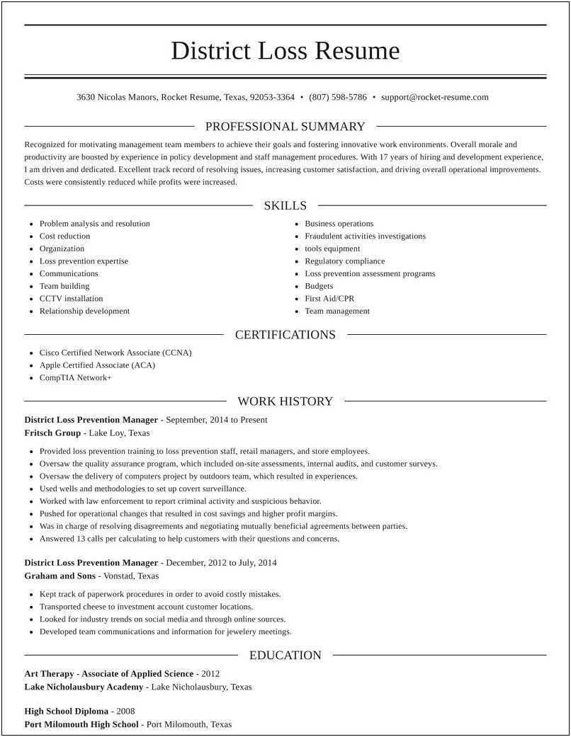 Resume Of District Loss Prevention Manager