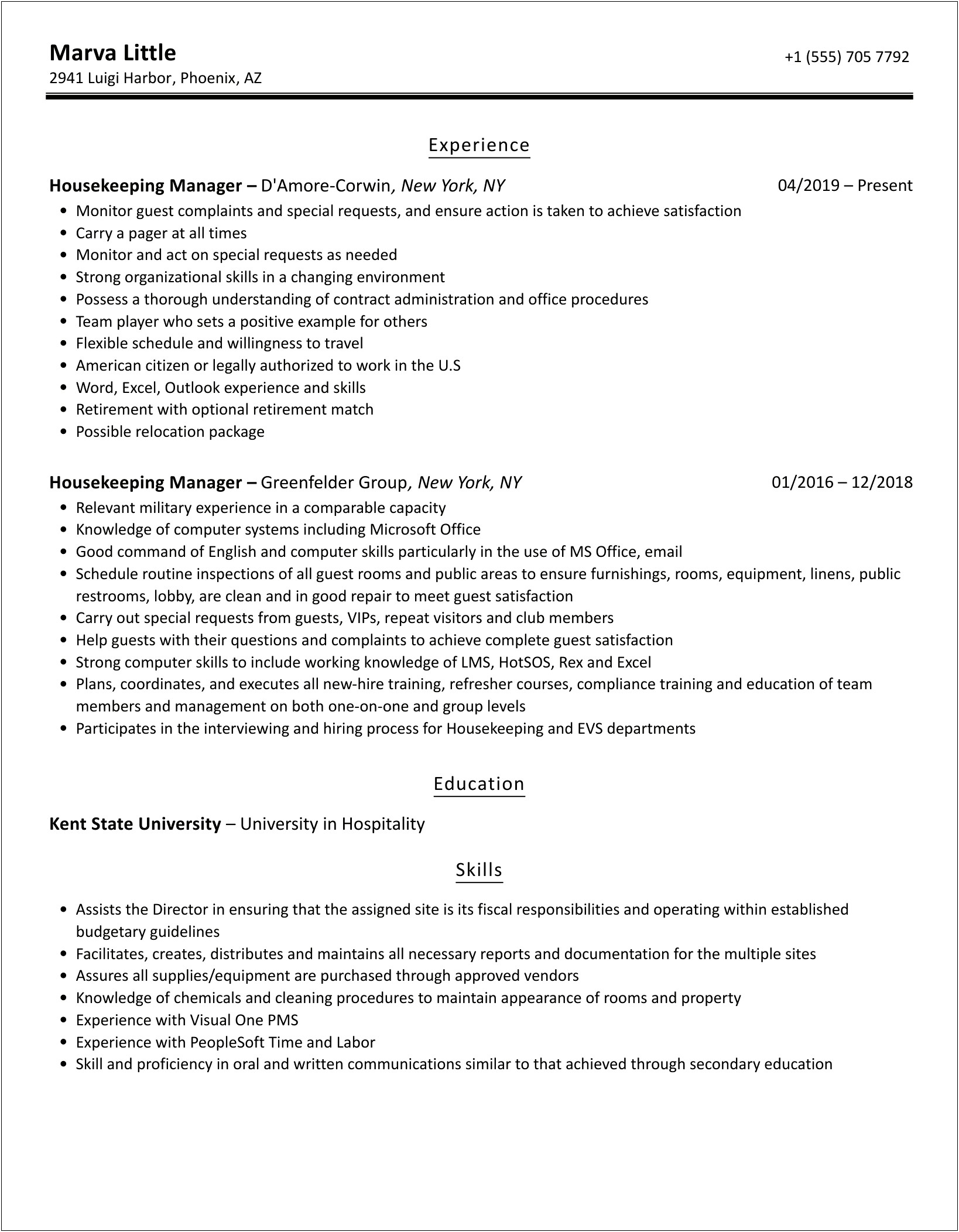 Resume Of Housekeeping Supervisor Who Manages Chemical