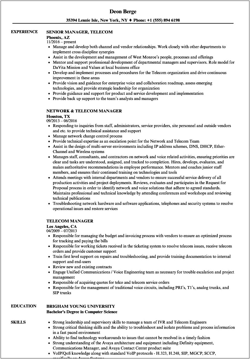 Resume Of Sales Manager In Telecom