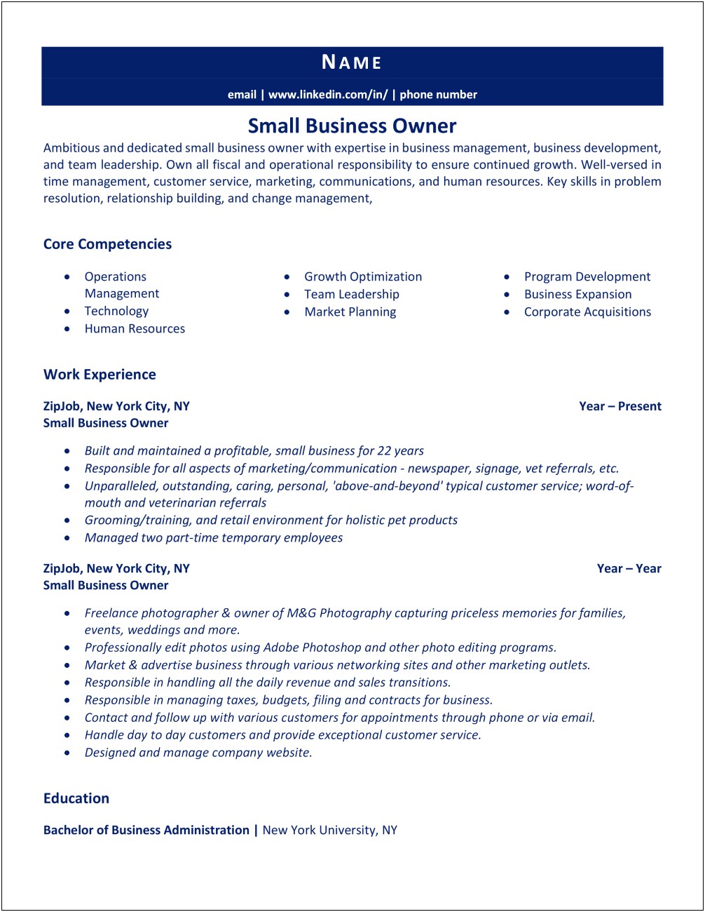 Resume Of Small Business Owner Samples