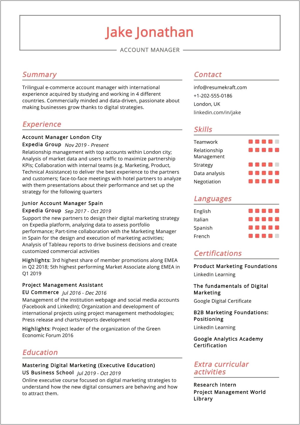 Resume On Client Relationship Manager In Hotels