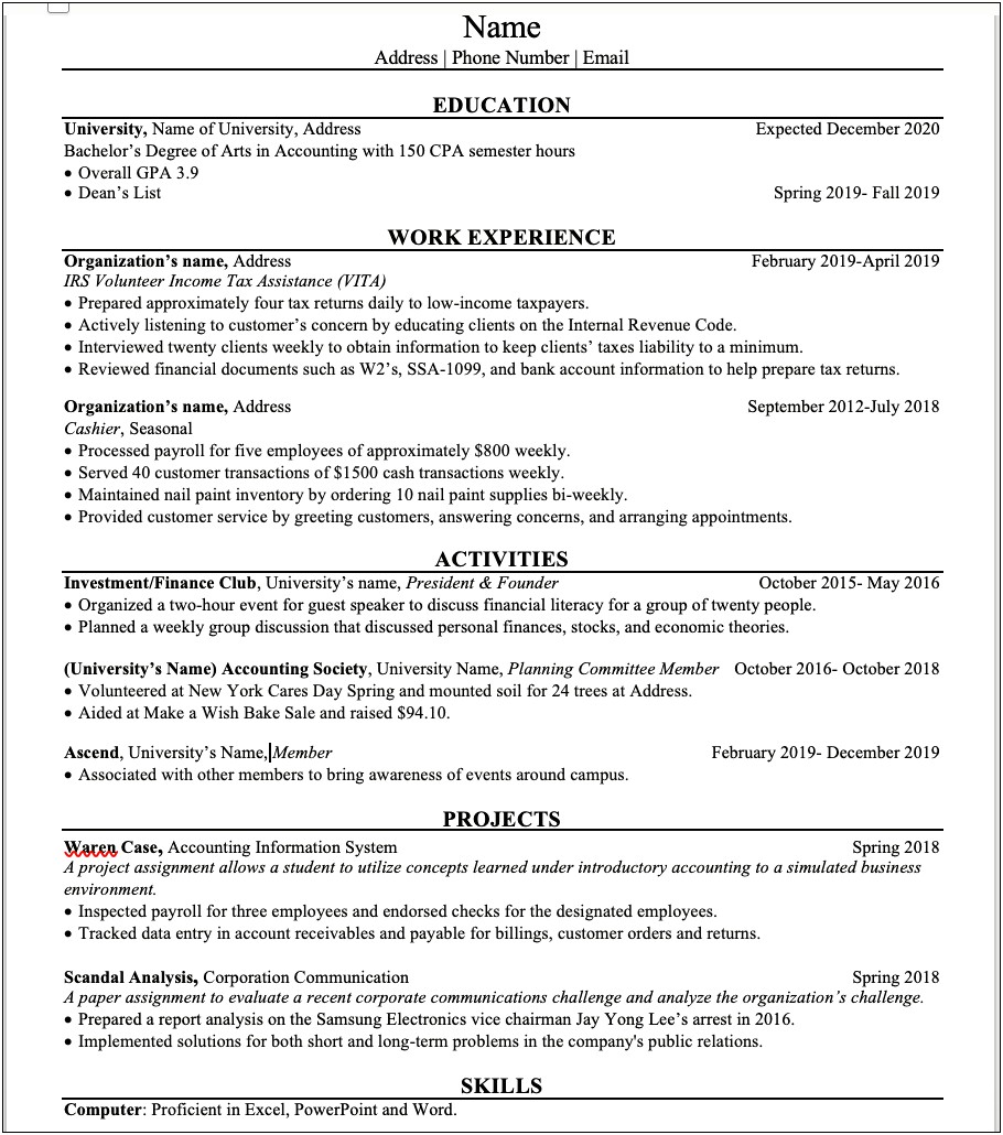 Resume Only Bookkeeping Jobs Summer 2018