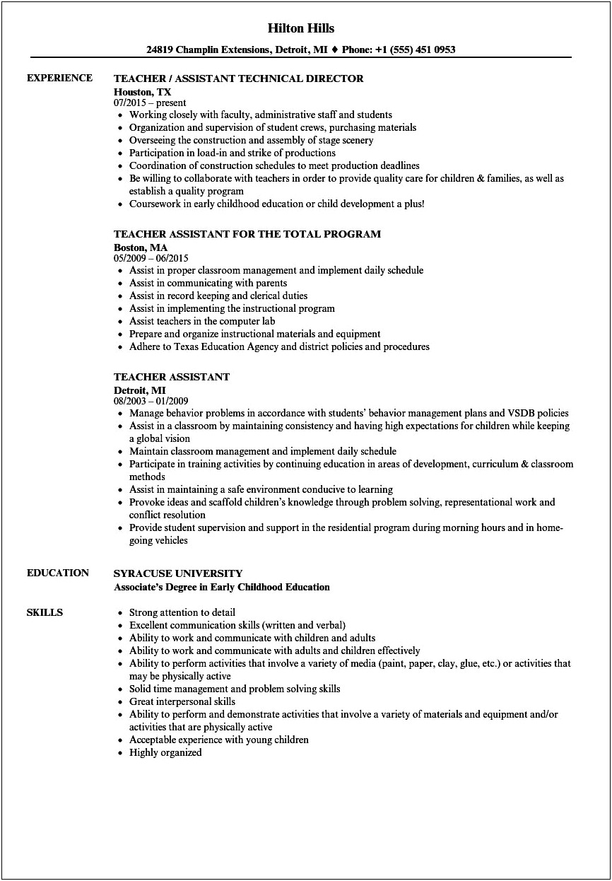 Resume Outlines For Teacher Assistant Parkway School District