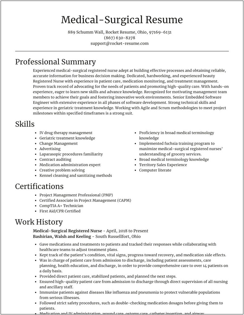 Resume Professional Summary Of Medical Surgical