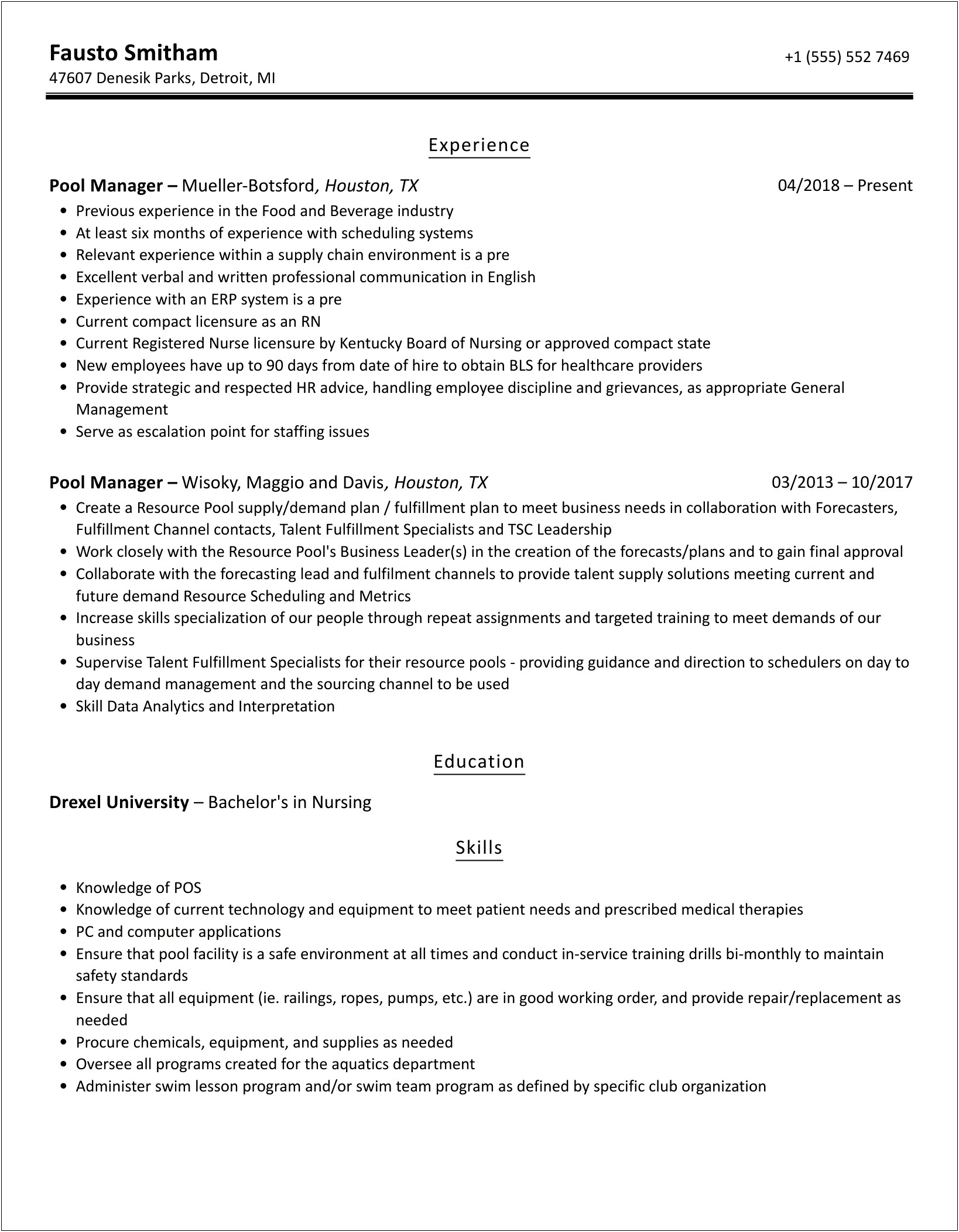 Resume Profile Examples For Pool Manager