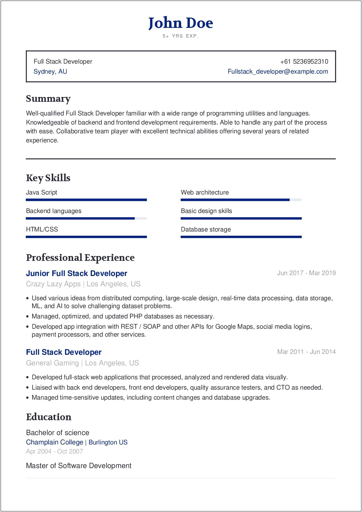 Resume Profile Examples Full Stack Developer