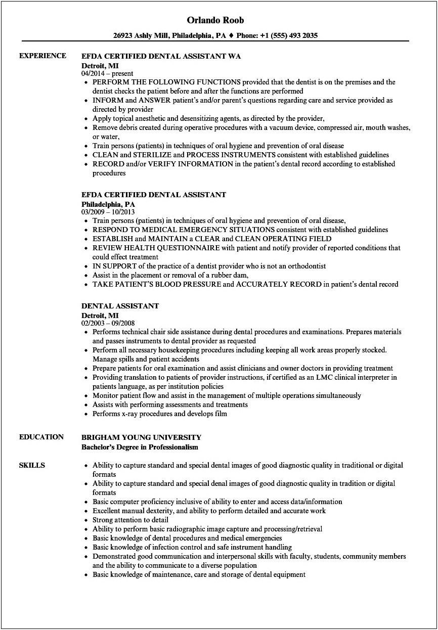 Resume Profile Sample For Dental Assitant Position