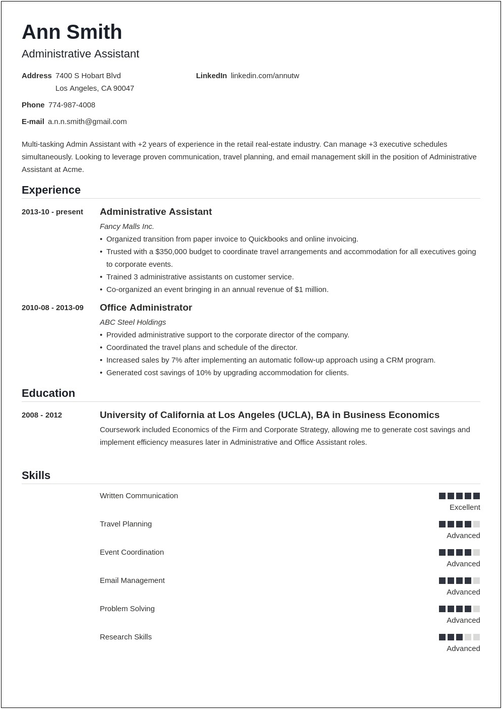 Resume Profile Samples For Administrative Assistant