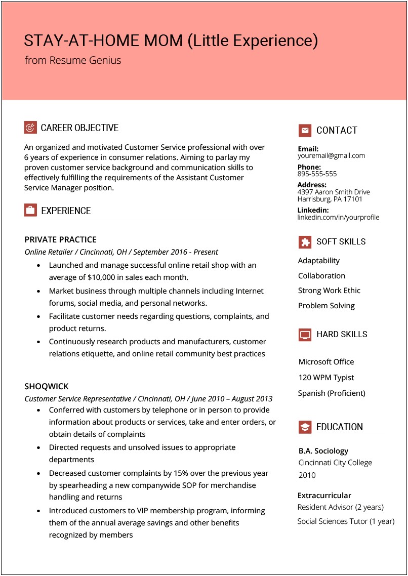 Resume Profile Samples For Stay At Home Moms