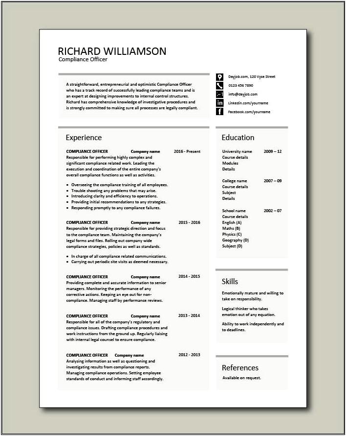 Resume Profile Statement For Compliance Sample