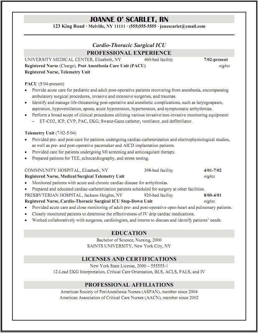 Resume Profile Summary For Acute Care Np