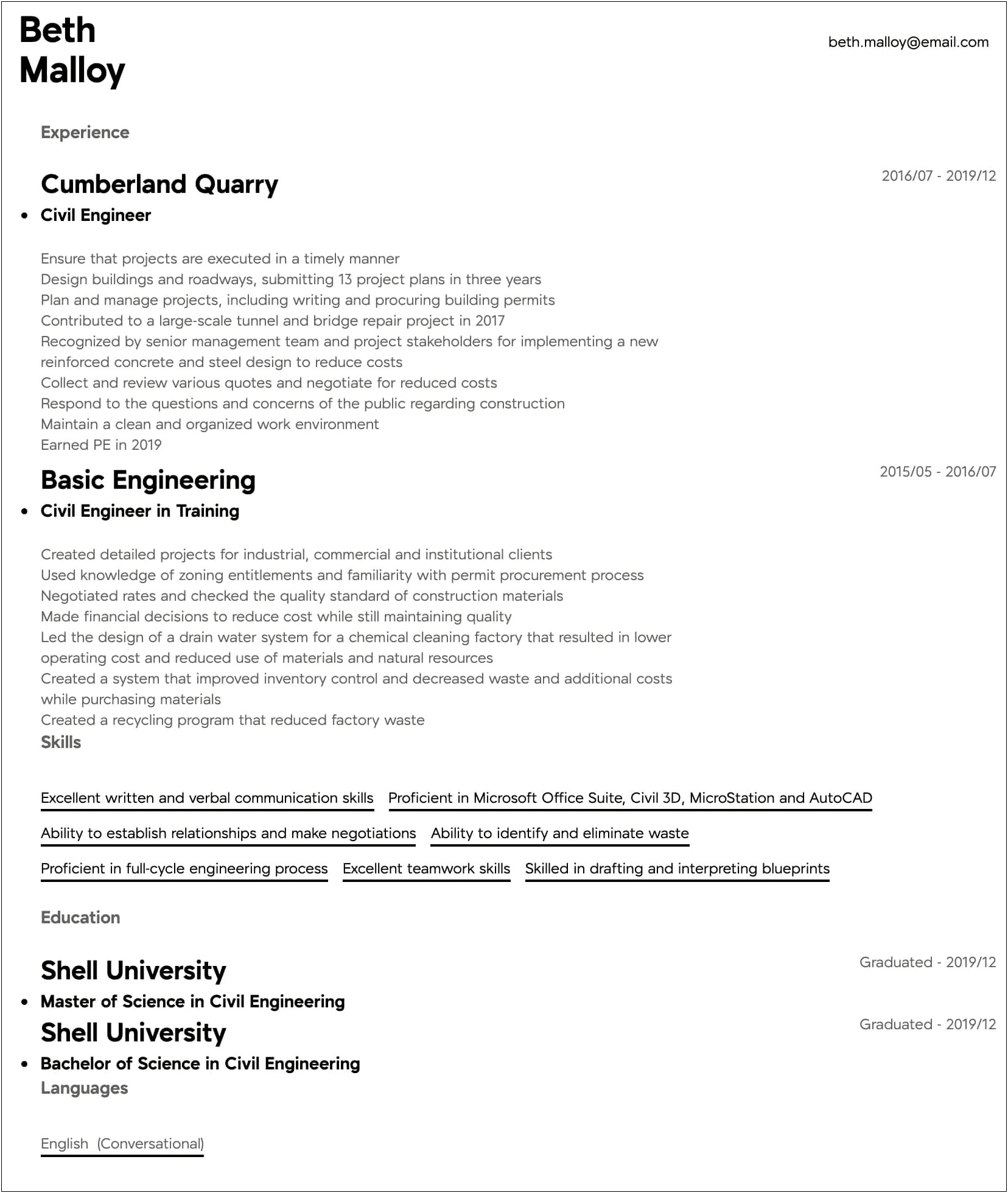Resume Profile Summary For Civil Engineer