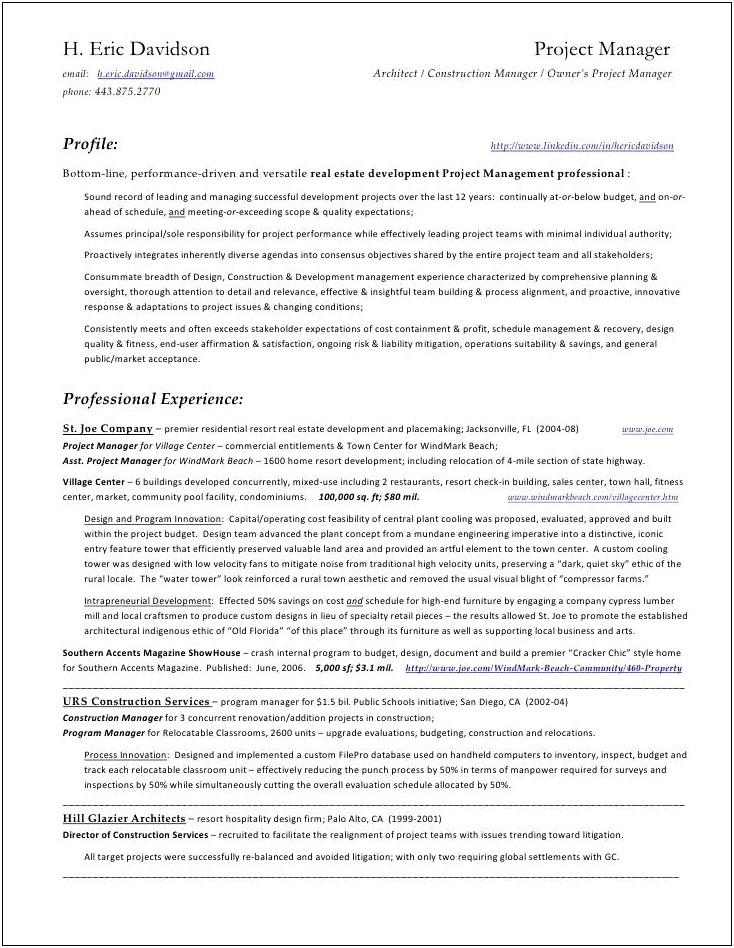 Resume Project Manager Real Estate Development