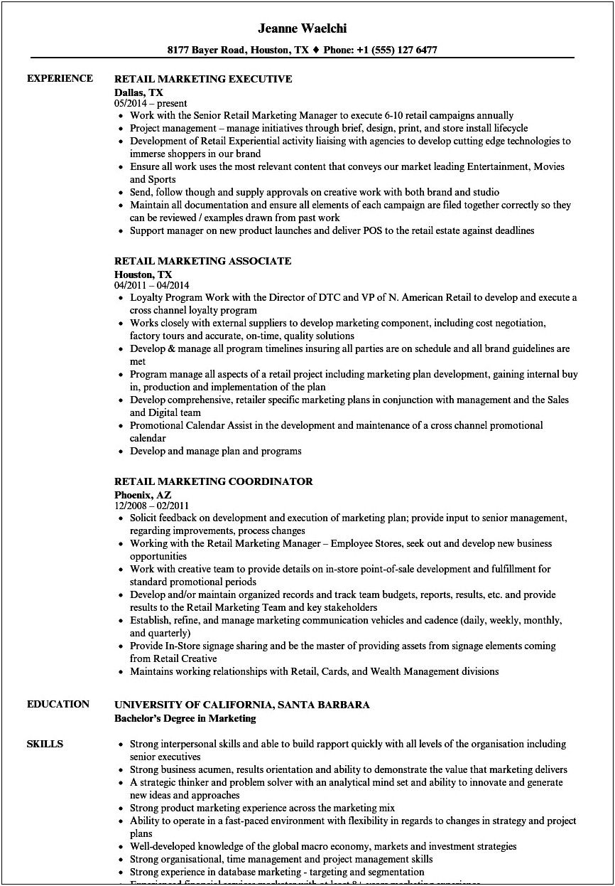 Resume Retail Sales Manager Job Description