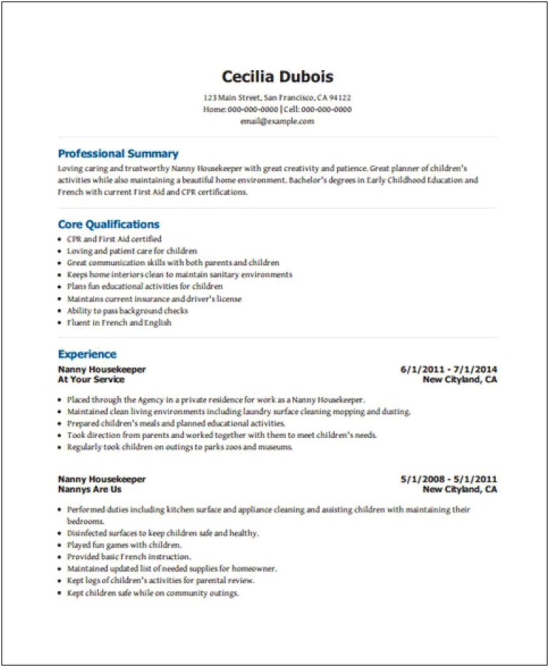 Resume Sample For A Nanny Housekeeper