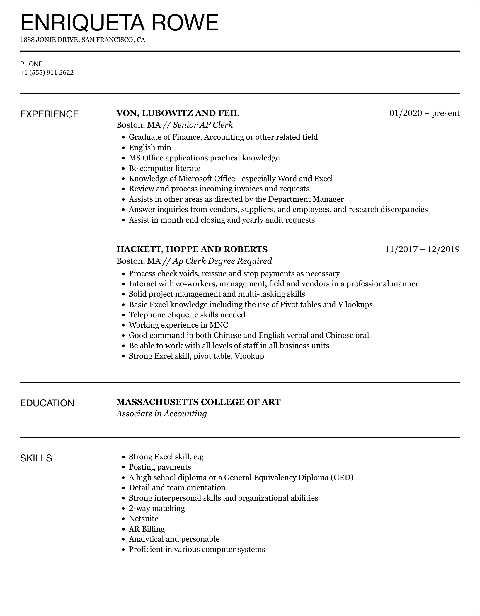 Resume Sample For A P Clerk Manufacturing