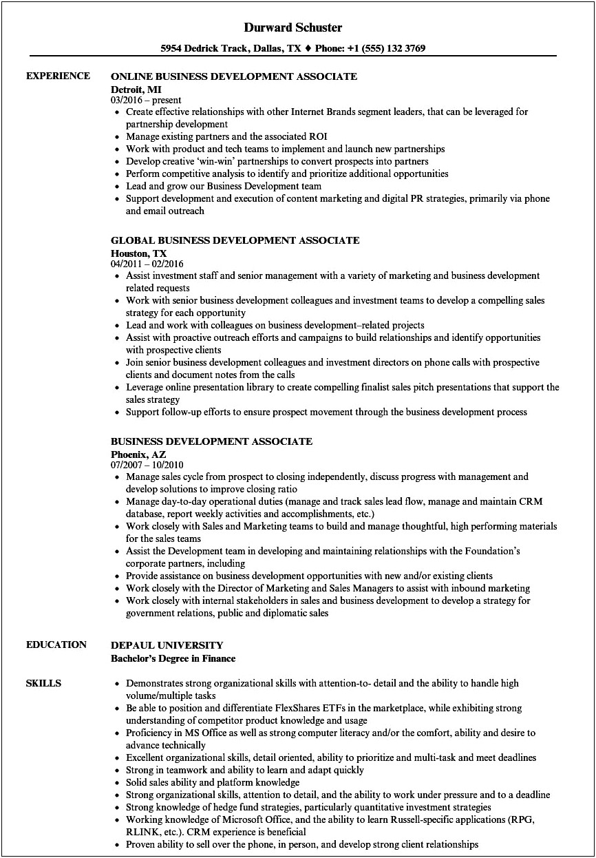 Resume Sample For Associate Development Job