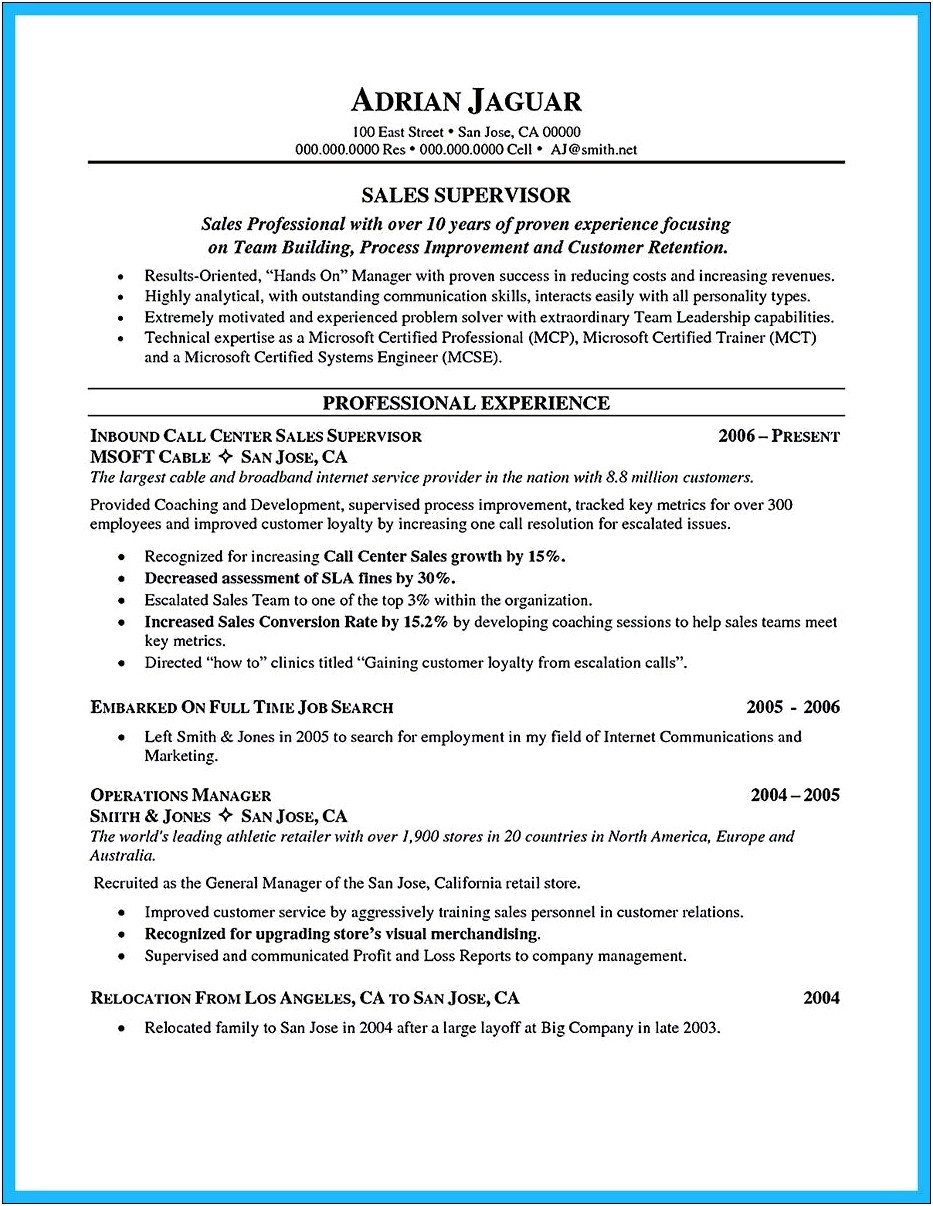 Resume Sample For Call Center With Experience