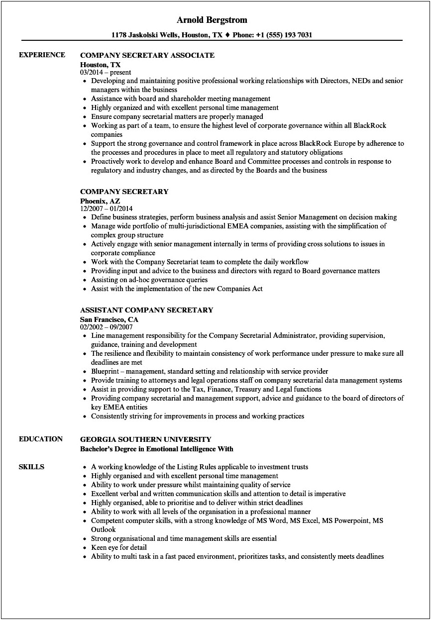 Resume Sample For Company Secretary Executive