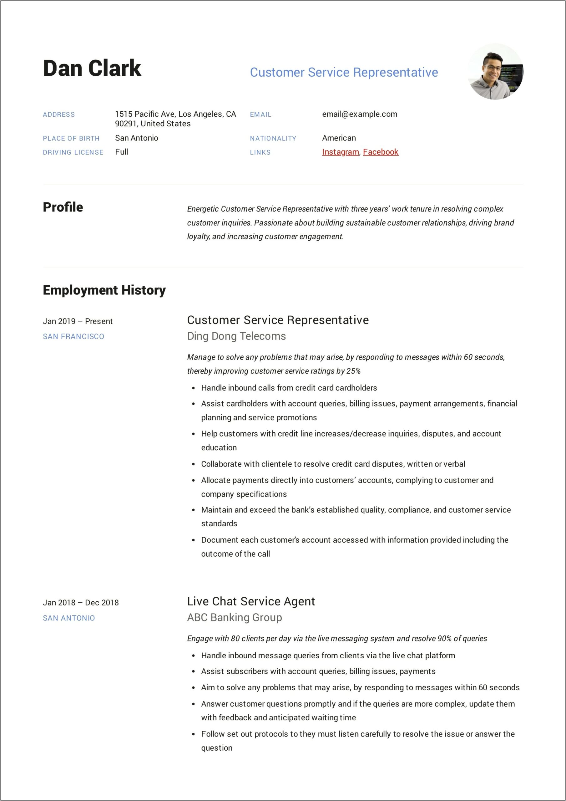 Resume Sample For Customer Service Agent