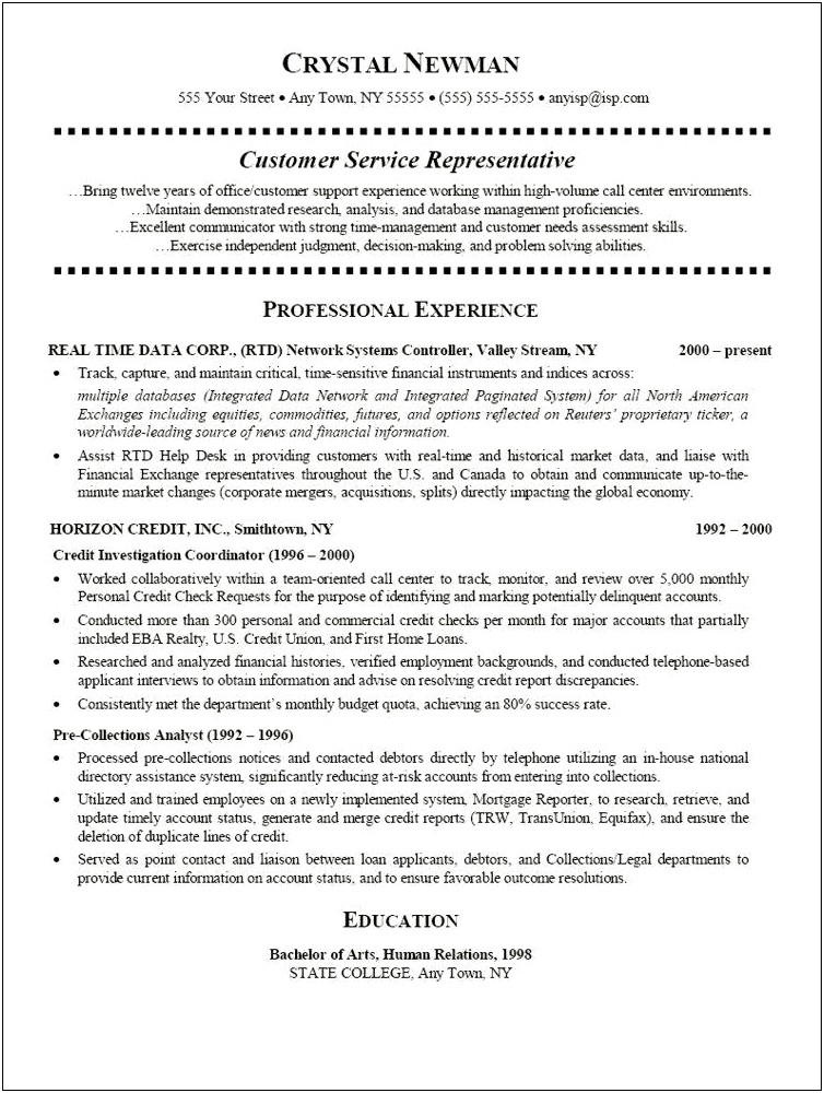 Resume Sample For Customer Service Specialist
