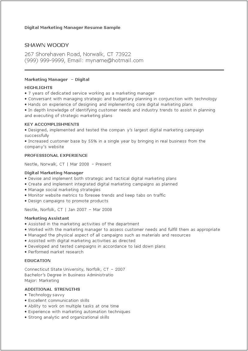 Resume Sample For Digital Marketing Manager