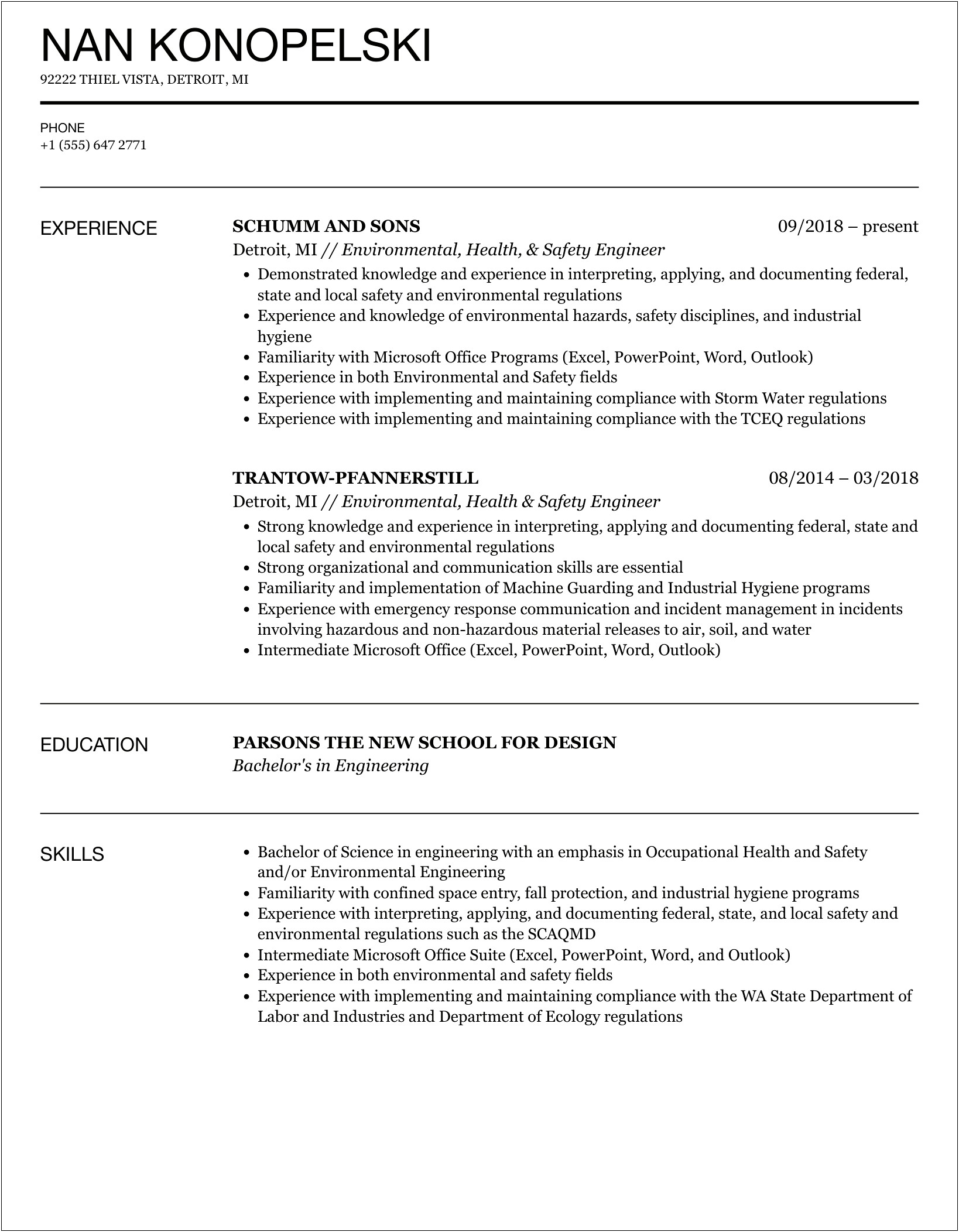 Resume Sample For Environmental Health And Engineer
