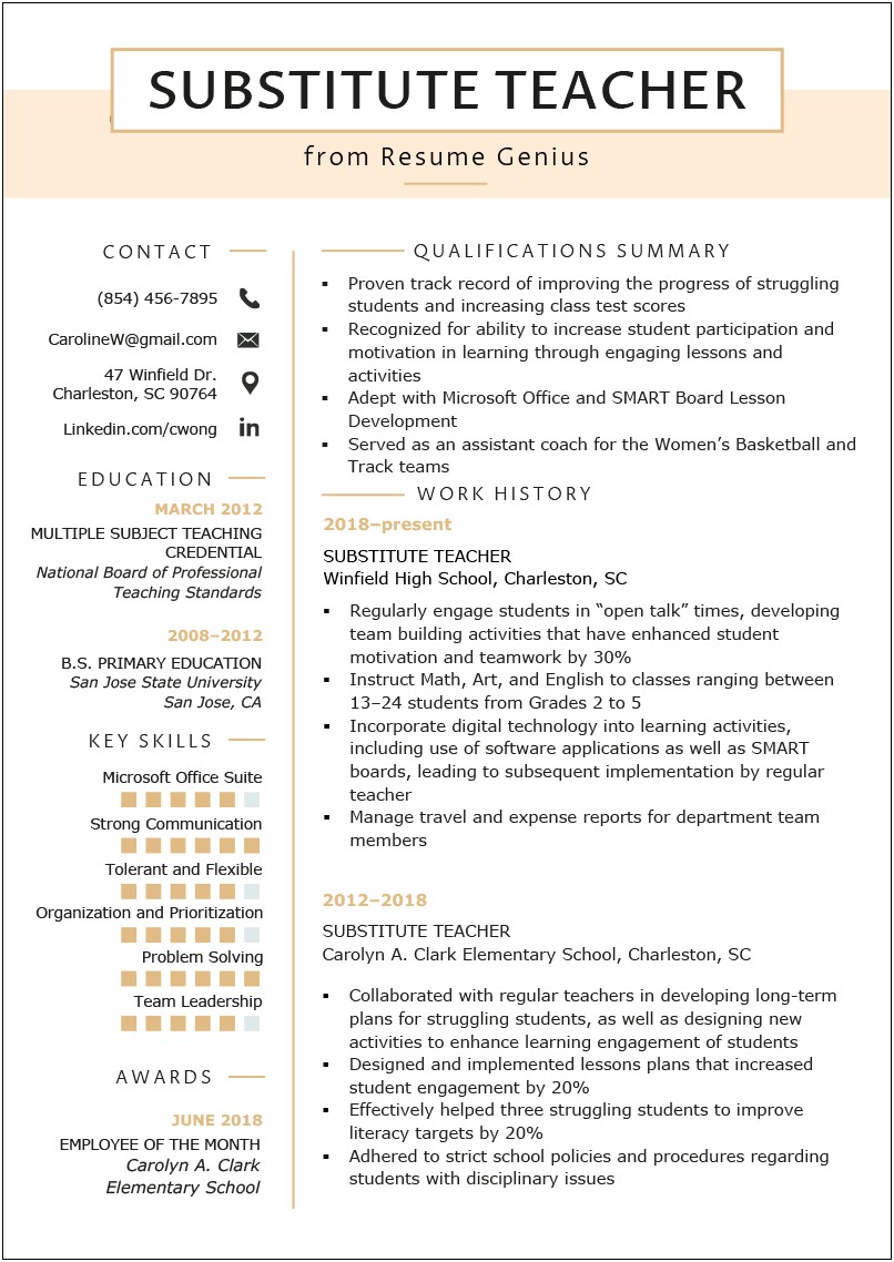 Resume Sample For First Time Substitute Teacher