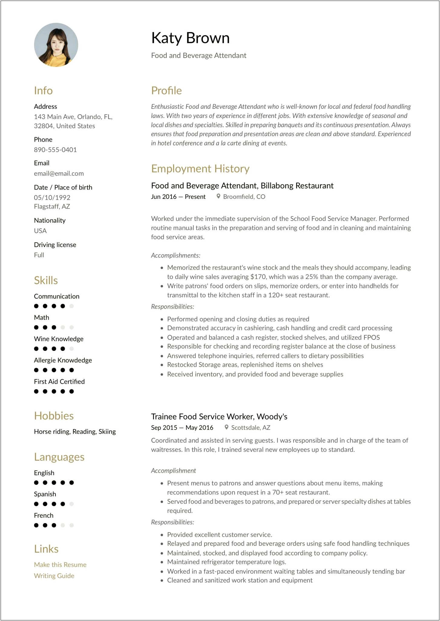 Resume Sample For Food And Beverage Service