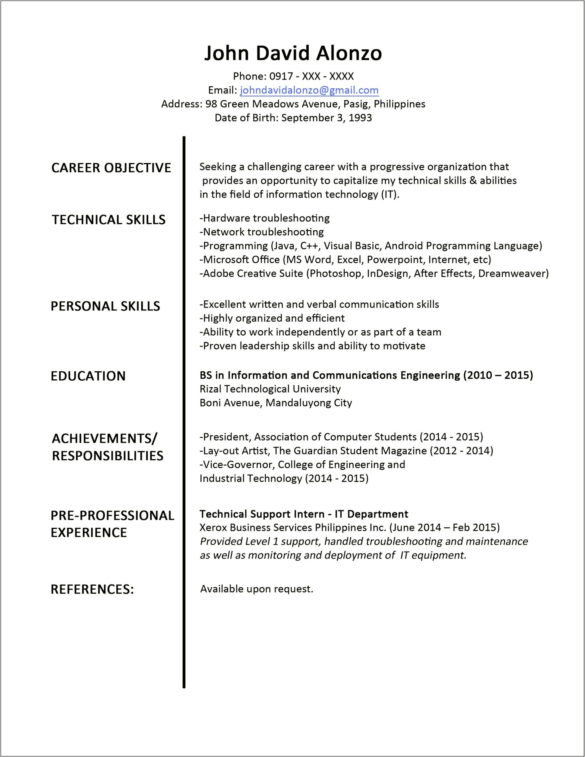 Resume Sample For Fresh Graduate Psychology