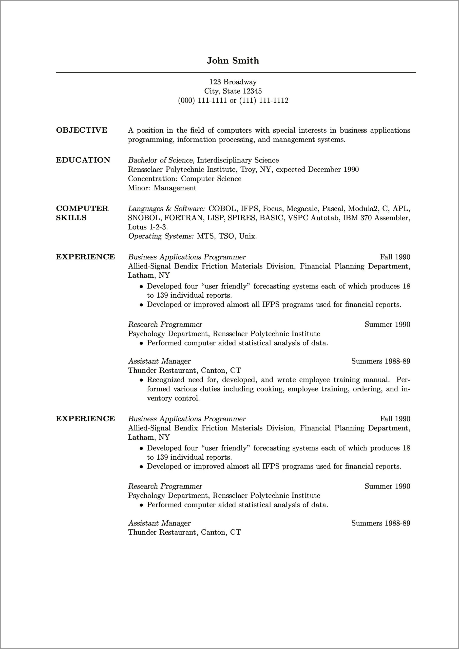 Resume Sample For Fresh Graduate Without Experience Pdf