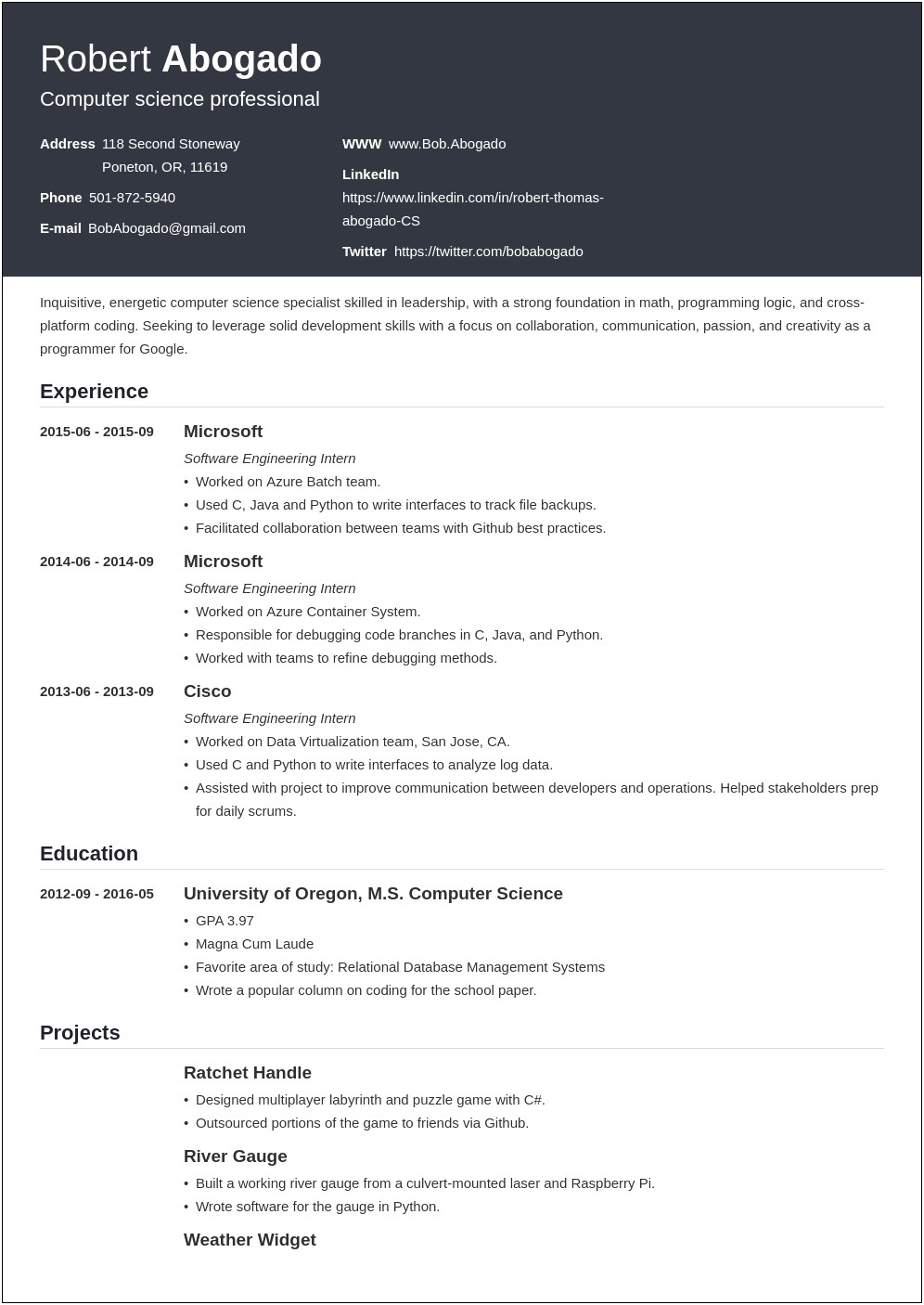 Resume Sample For Freshers Computer Science Engineers