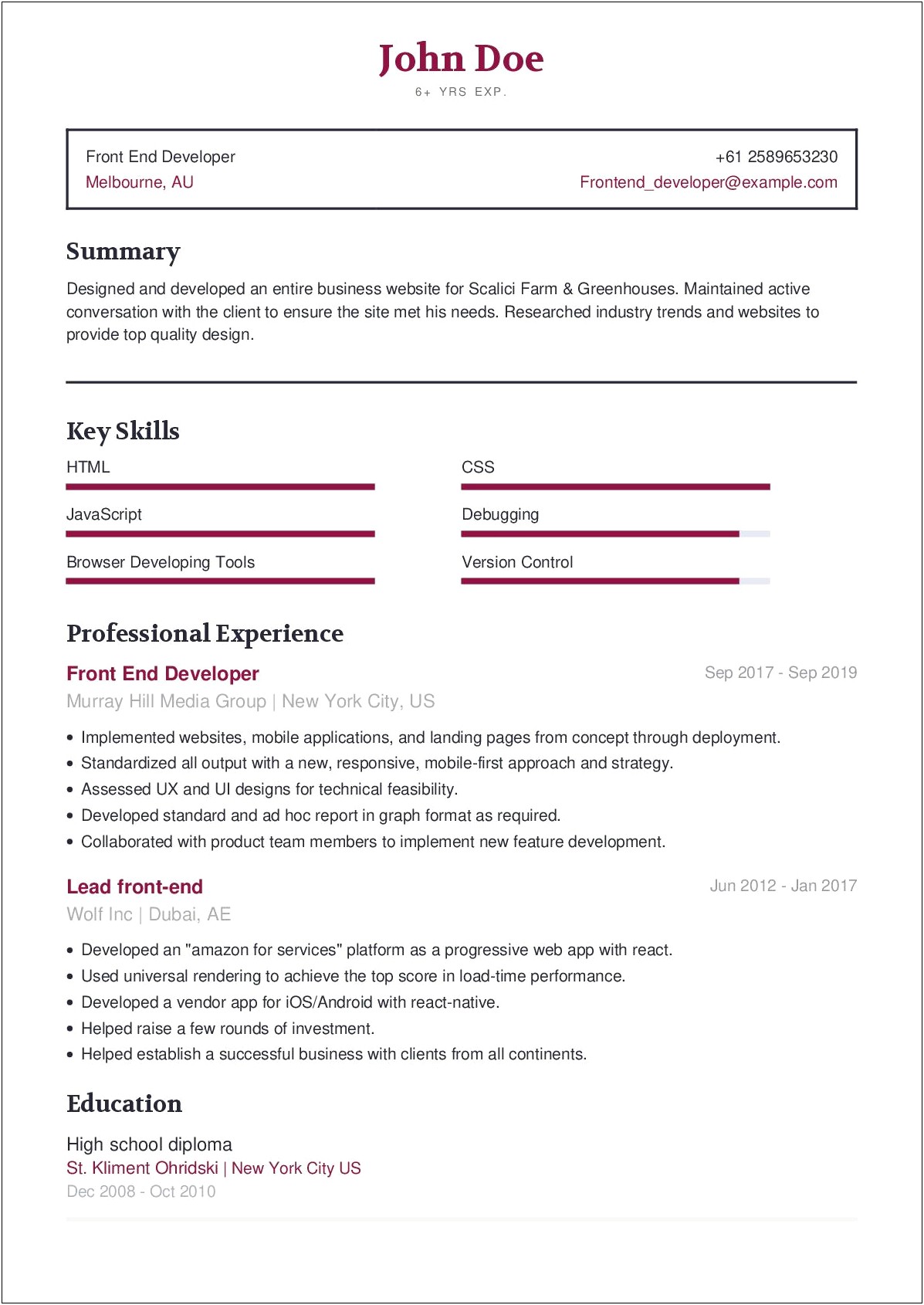 Resume Sample For Front End Developer Or Ui