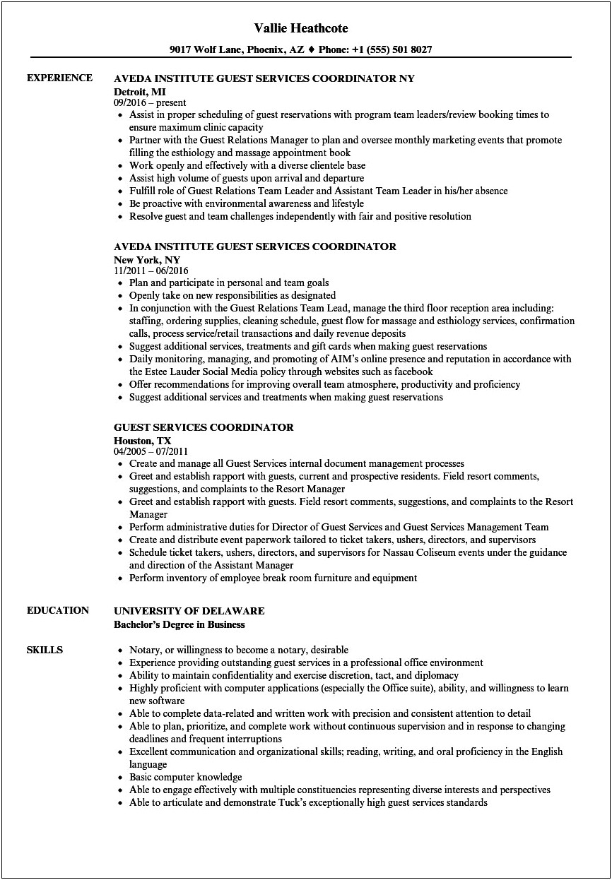 Resume Sample For Guest Service Position