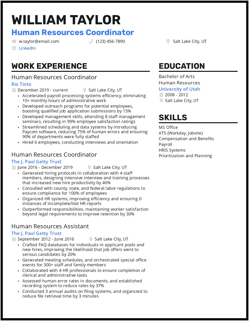 Resume Sample For Human Resource Position