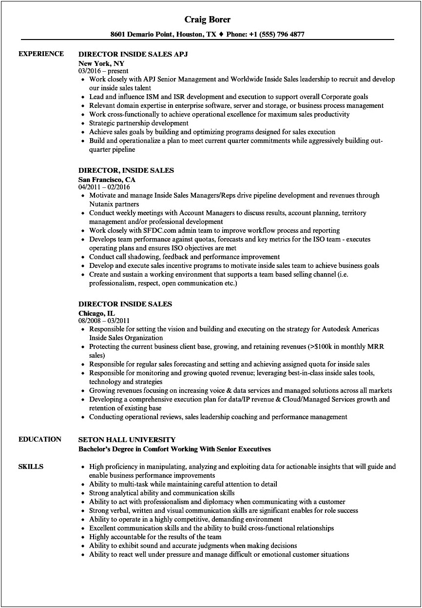 Resume Sample For Inside Sales Job
