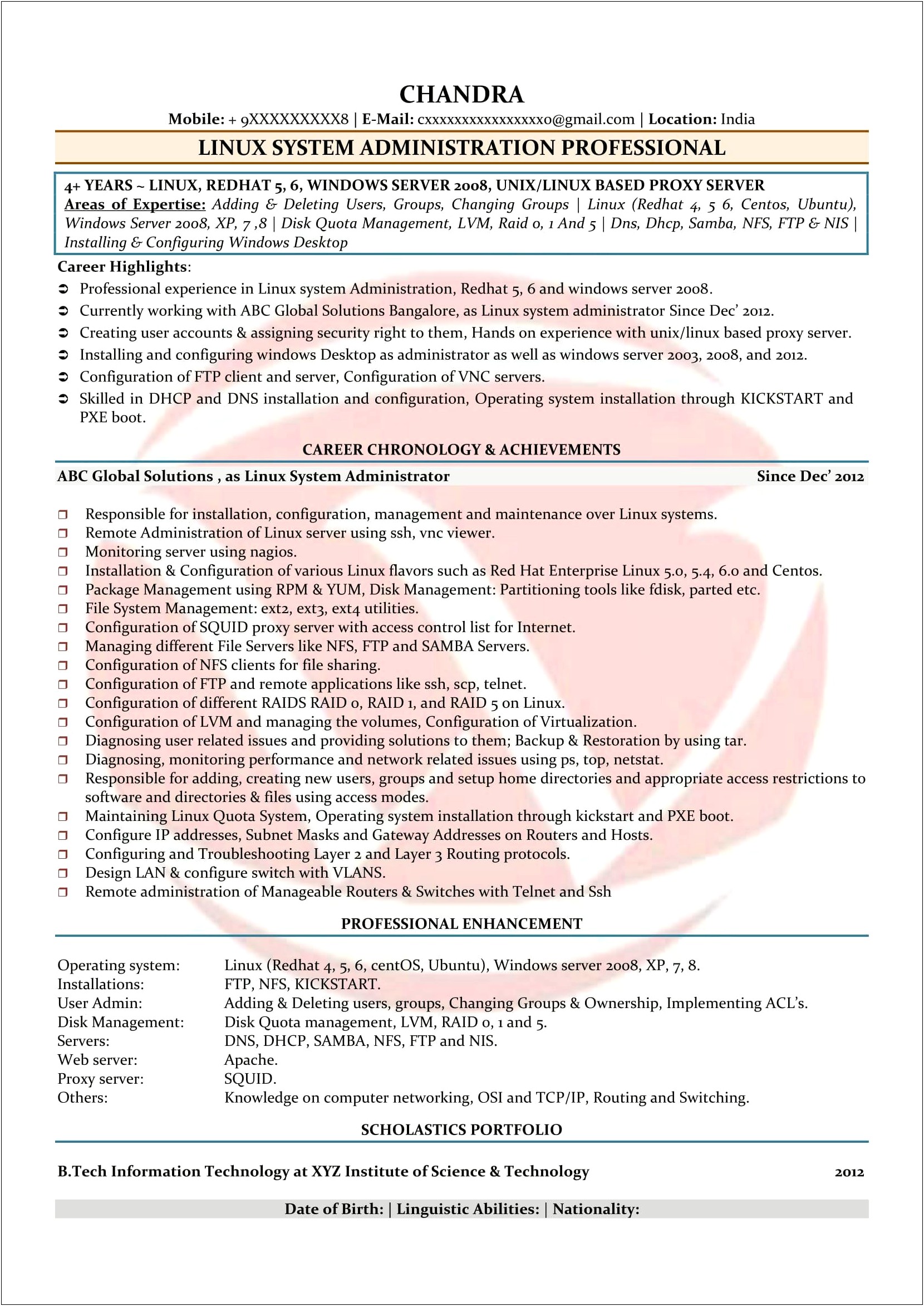 Resume Sample For It System Administrator