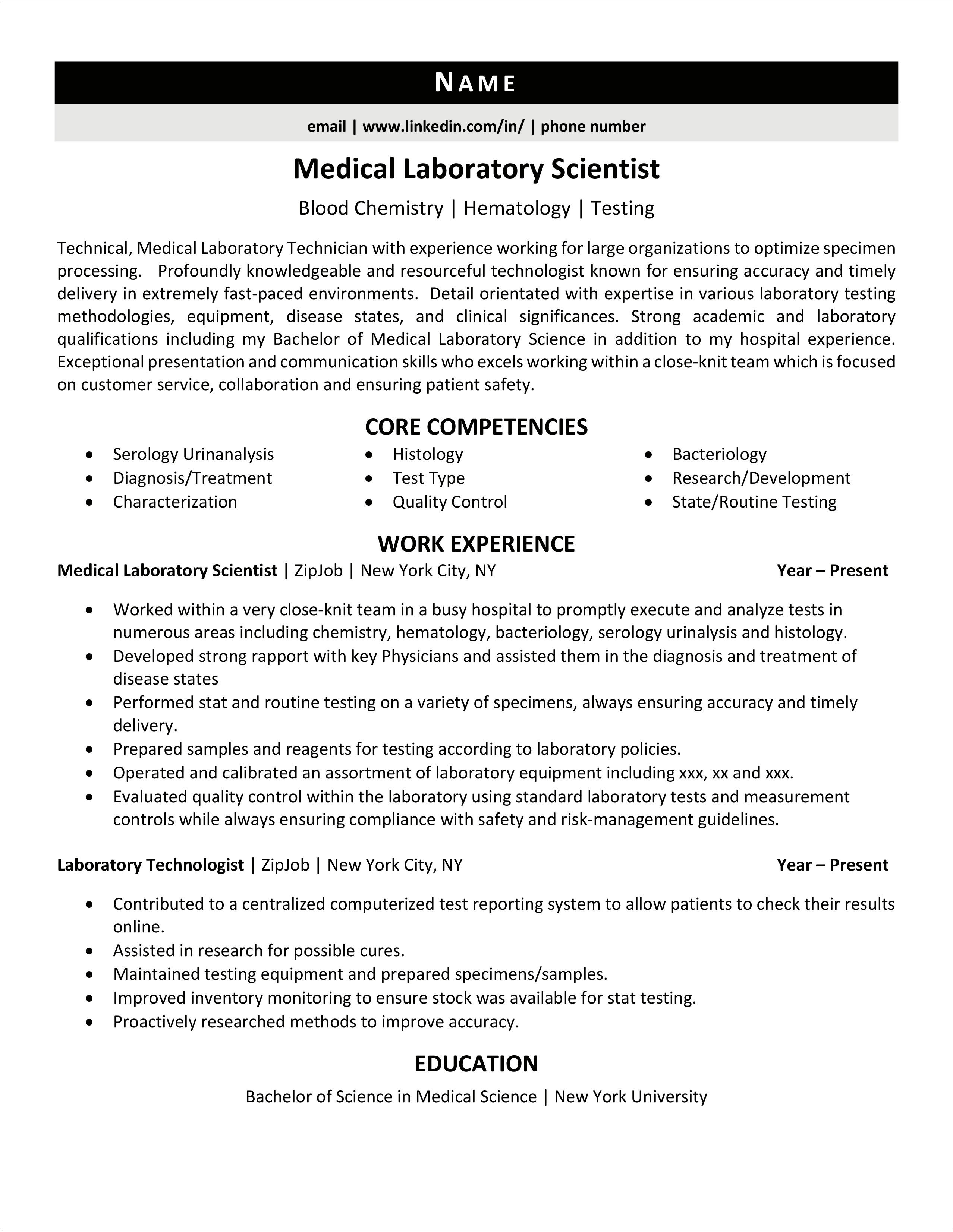 Resume Sample For Medical Lab Technician