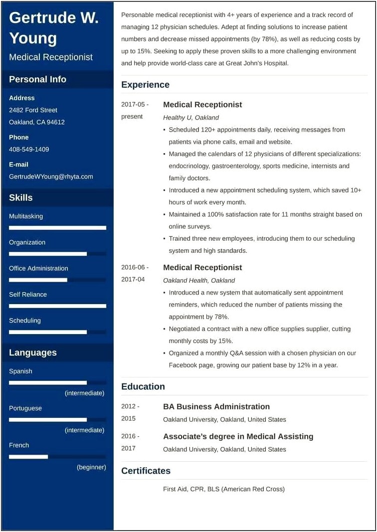 Resume Sample For Medical Office Receptionist