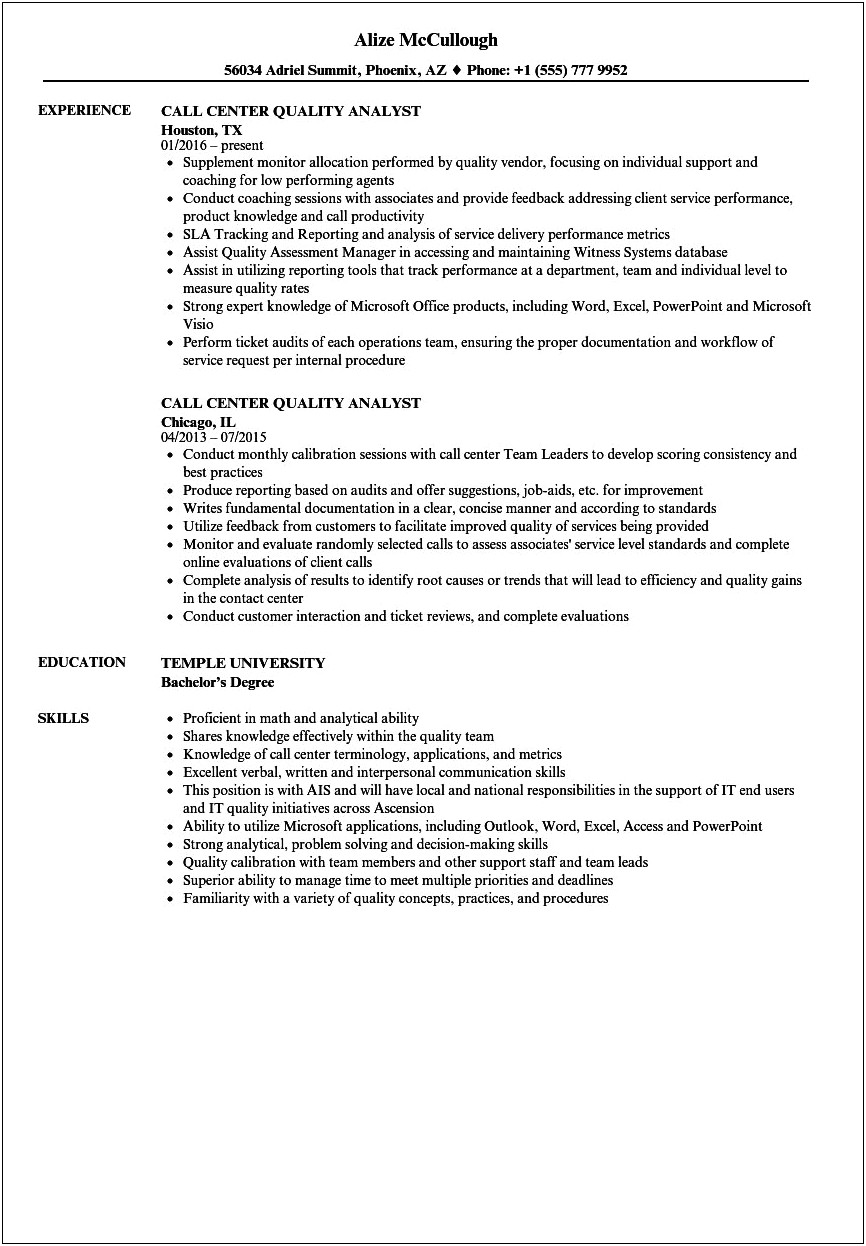 Resume Sample For Quality Analyst In Bpo