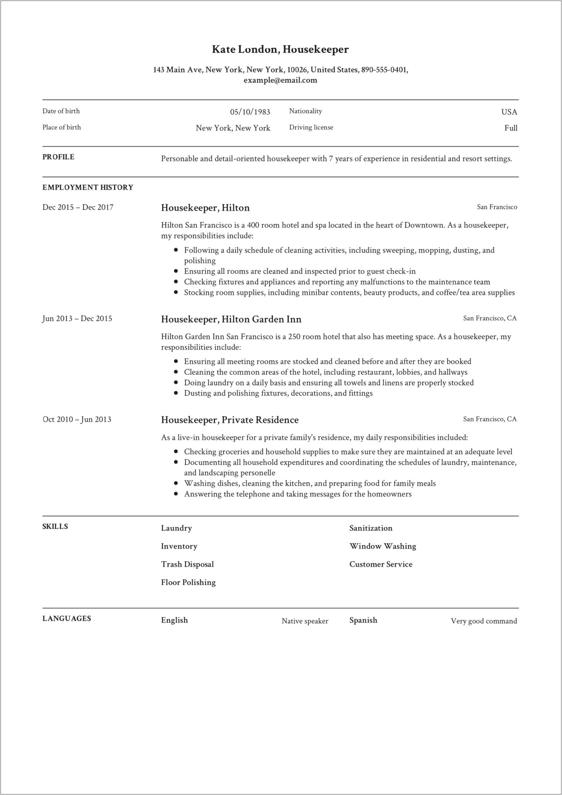 Resume Sample For Room Attendant Without Experience